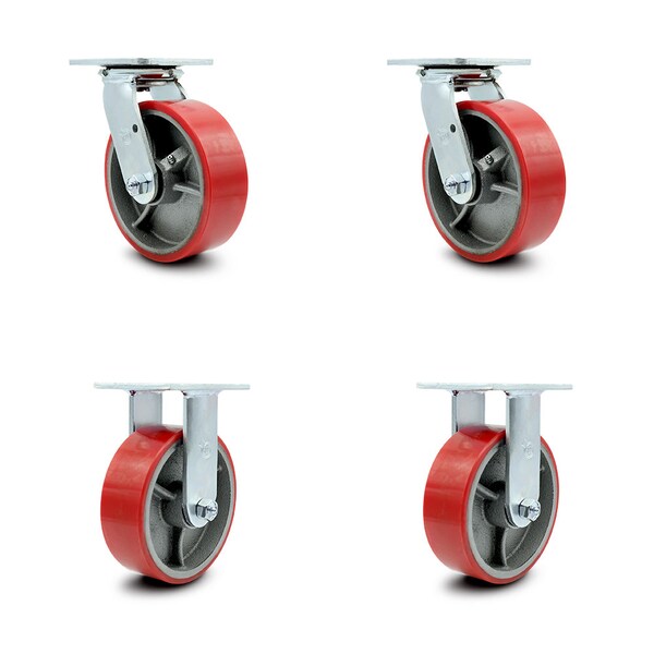 6 Inch Red Poly on Cast Iron Caster Set with Roller Bearings 2 Swivel 2 Rigid